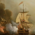El galeón español San José explota tras ataques de naves inglesas el 8 de junio de 1708, frente a costas de Colombia. Imagen gemeinfrei